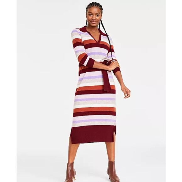 Charter Club 100% Cashmere Maroon MultiStriped Midi Polo Sweater Dress Size PM - Picture 1 of 6